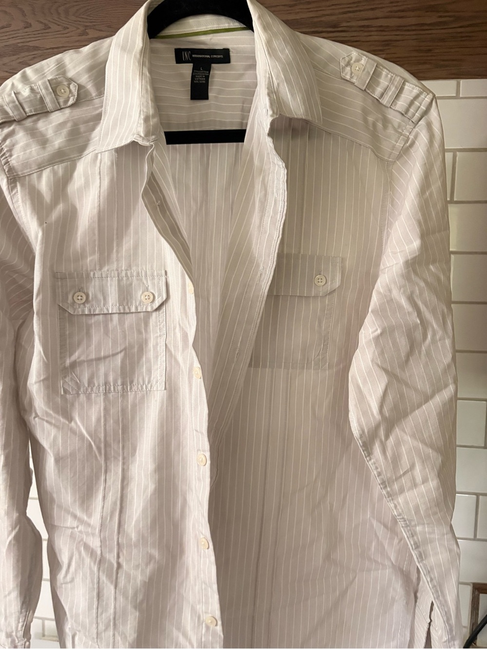 INC International Concepts White Pinstripe Casual Button-Down Shirt